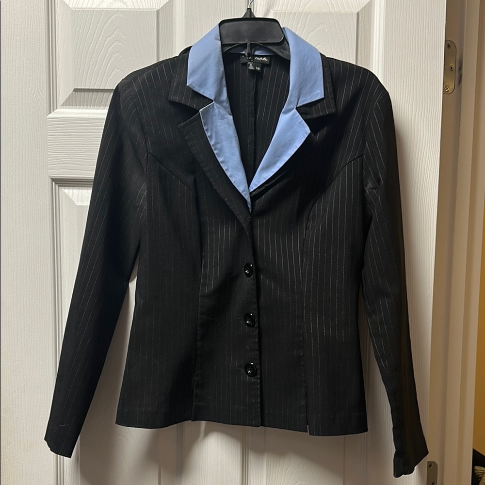 Black Pinstripe Suit Jacket with Blue Collar and skirt